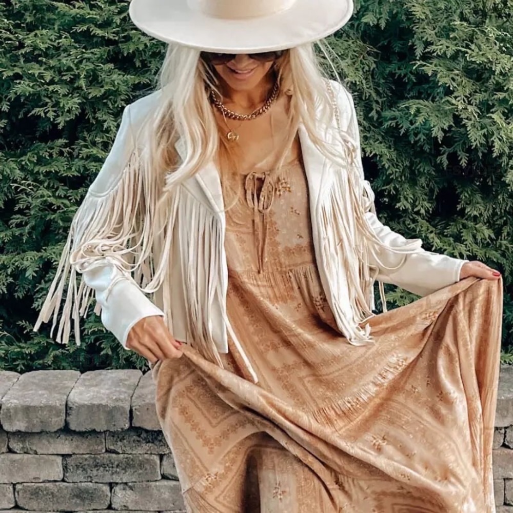 Boho Off White Tassel suede women fringe jacket long sleeve jacket - Picture 4 of 7